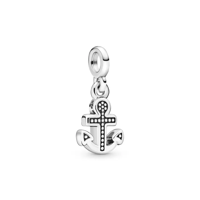 Anchor sterling silver dangle charm in with clear cubic zirconia