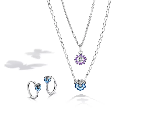 Blue Pansy Flower Hoop Earrings