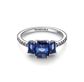 Blue Rectangular Three Stone Sparkling Ring