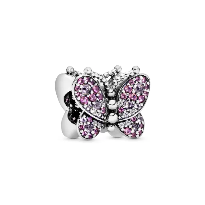 Butterfly silver charm with cerise, pink mist crystal and clear cubic zirconia