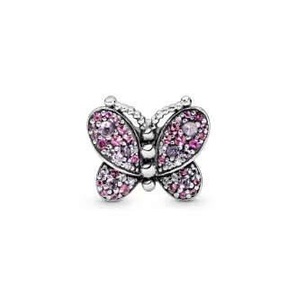 Butterfly silver charm with cerise, pink mist crystal and clear cubic zirconia