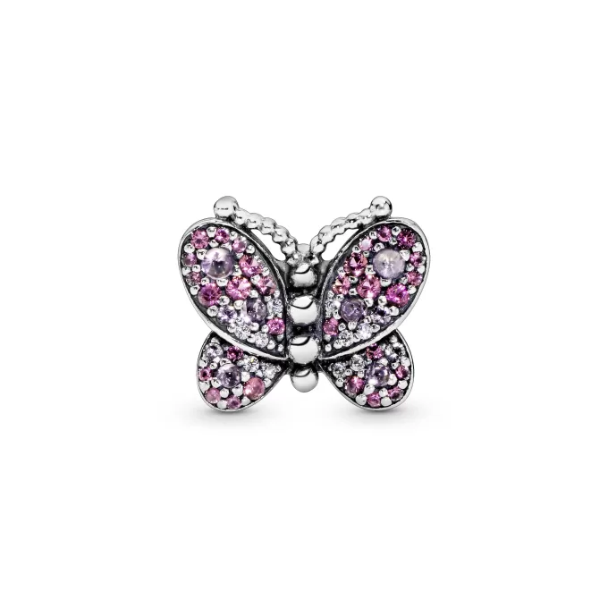 Butterfly silver charm with cerise, pink mist crystal and clear cubic zirconia