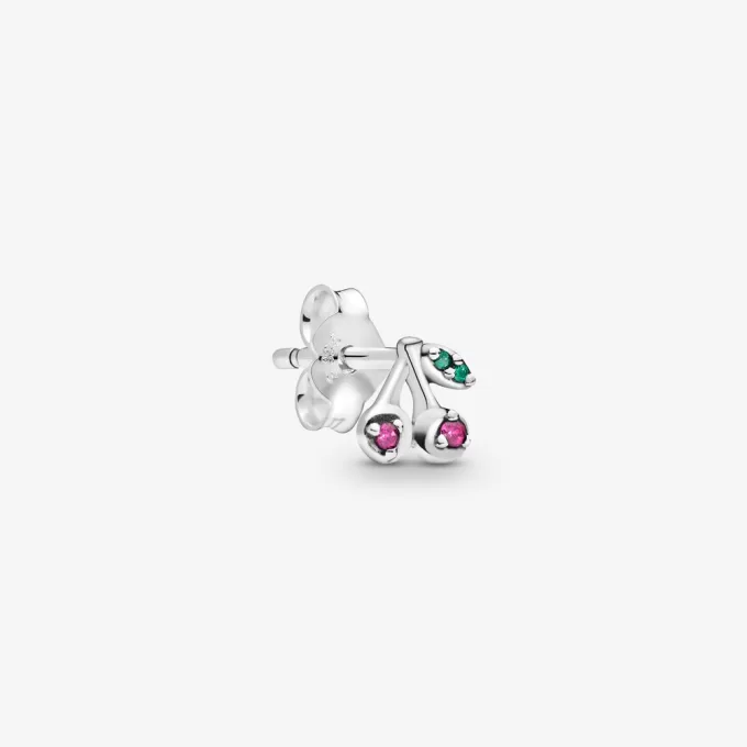 Cherries stud earring in sterling silver with cerise  and royal green crystal
