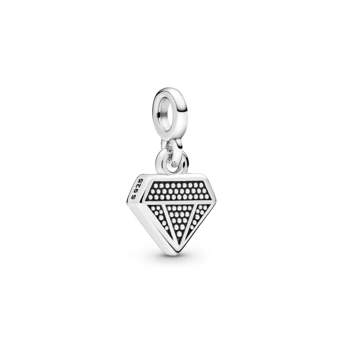Diamond shaped sterling silver dangle charm with clear cubic zirconia