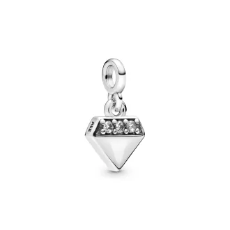 Diamond shaped sterling silver dangle charm with clear cubic zirconia