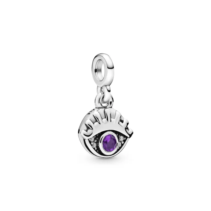 Eye sterling silver dangle charm with royal purple crystal and clear cubic zirconia