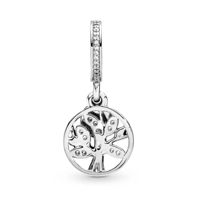 Family tree silver dangle with 14k and clear cubic zirconia