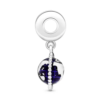 Globe silver dangle with clear cubic zirconia and blue enamel