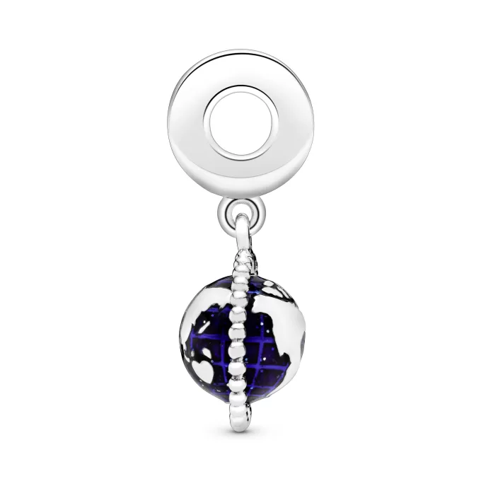 Globe silver dangle with clear cubic zirconia and blue enamel