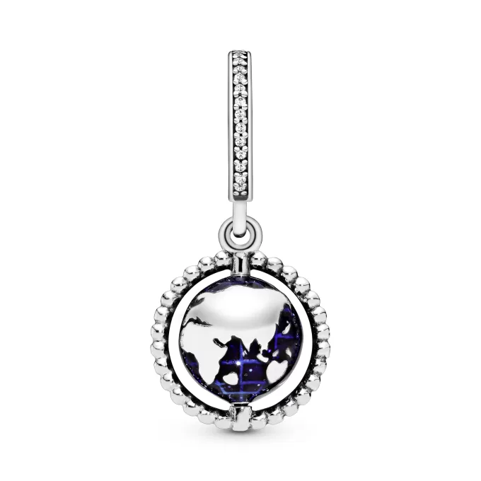 Globe silver dangle with clear cubic zirconia and blue enamel