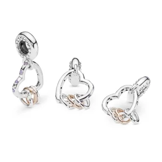 Heart silver and 14k Rose Gold-plated dangle with lilac crystal, royal purple crystal and clear cubic zirconia