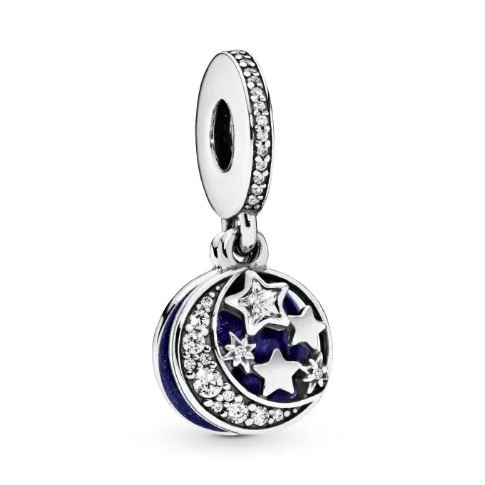 Moon and star silver dangle with clear cubic zirconia and blue enamel Moon and star silver dangle with clear cubic zirconia and blue enamel