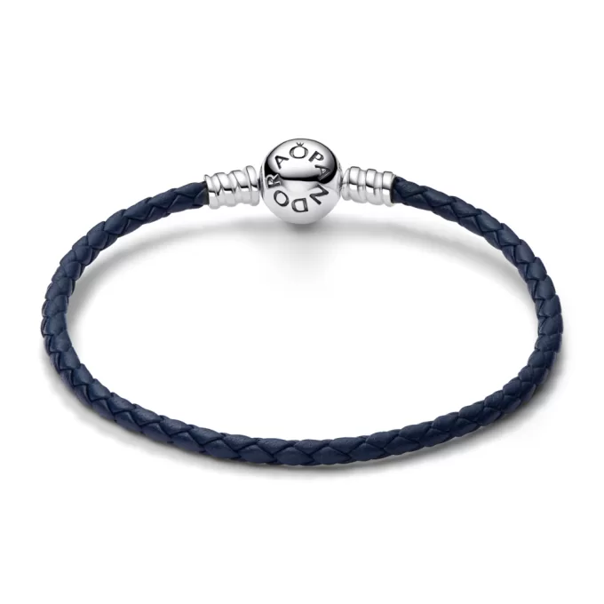 Pandora Moments Round Clasp Blue Braided Leather Bracelet Pandora Moments Round Clasp Blue Braided Leather Bracelet