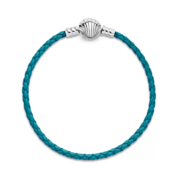 Pandora Moments Seashell Clasp Turquoise Braided Leather Bracelet