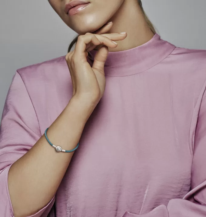 Pandora Moments Seashell Clasp Turquoise Braided Leather Bracelet