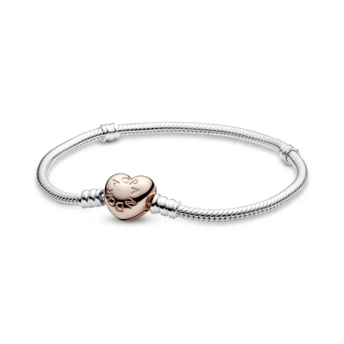 Silver bracelet with heart-shaped 14k Rose Gold-plated clasp Silver bracelet with heart-shaped 14k Rose Gold-plated clasp