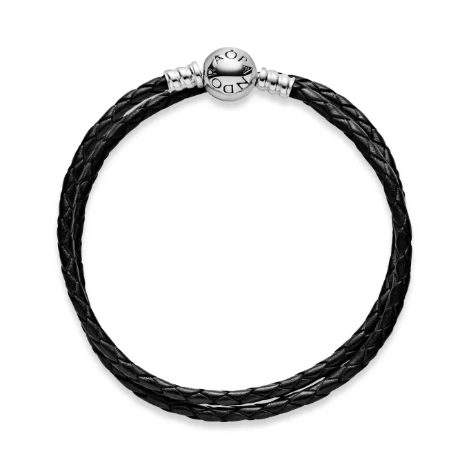 Silver leather bracelet, double, black