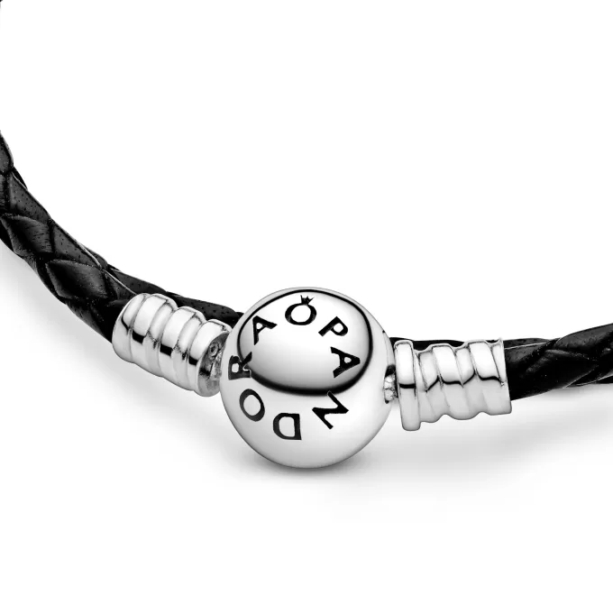 Silver leather bracelet, double, black