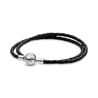 Silver leather bracelet, double, black Silver leather bracelet, double, black