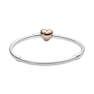 Snake chain silver bracelet with 14k Rose Gold-plated heart clasp and clear cubic zirconia Snake chain silver bracelet with 14k Rose Gold-plated heart clasp and clear cubic zirconia