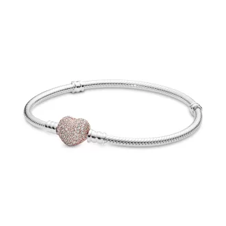 Snake chain silver bracelet with 14k Rose Gold-plated heart clasp and clear cubic zirconia Snake chain silver bracelet with 14k Rose Gold-plated heart clasp and clear cubic zirconia