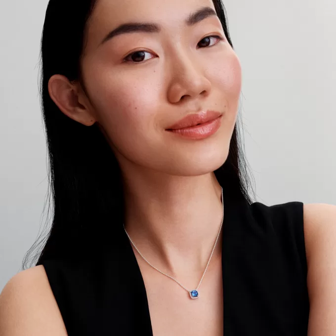 Sparkling Square Blue Halo Pendant Necklace