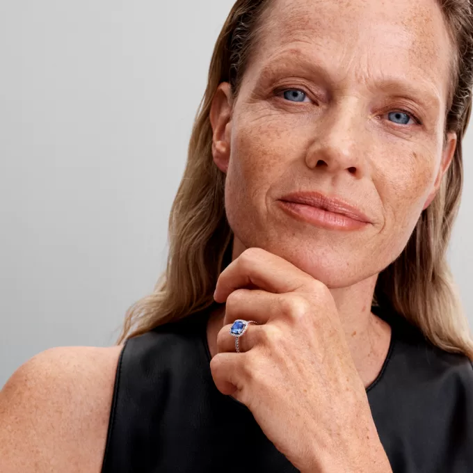 Sparkling Square Blue Halo Statement Ring