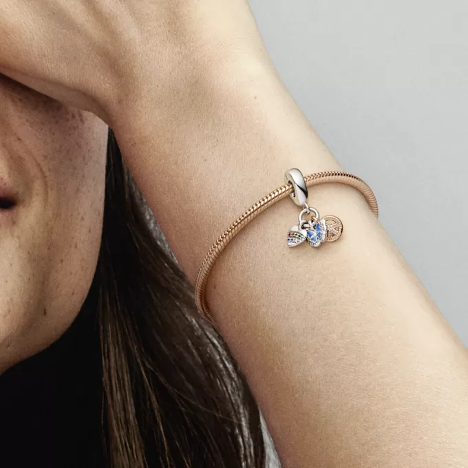 Two-tone Rainbow Heart, Butterfly & Peace Triple Dangle Charm